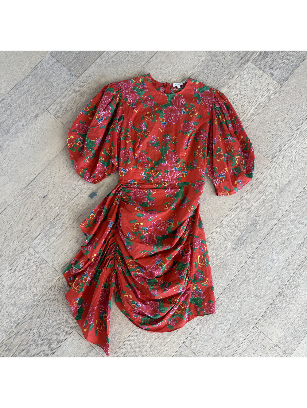 Rhode Floral Red Pink Green Puff Sleeve Cotton Wedding Guest Vacation Dress XS